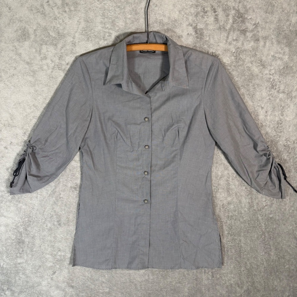 Mandee Womens Gray 3/4 Ruched‎ Sleeve Button Down Blouse Shirt Size M Office